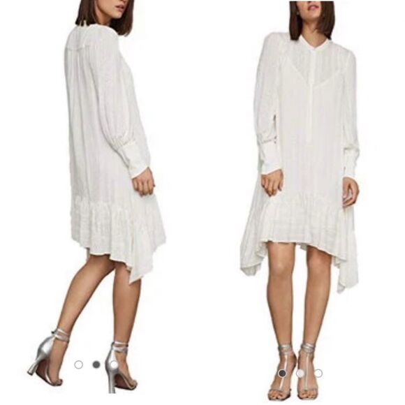 BCBGMAXAZRIA Long Sleeve Eyelet Handkerchief Hem Midi Dress Gardenia Ivory XS - Picture 1 of 4